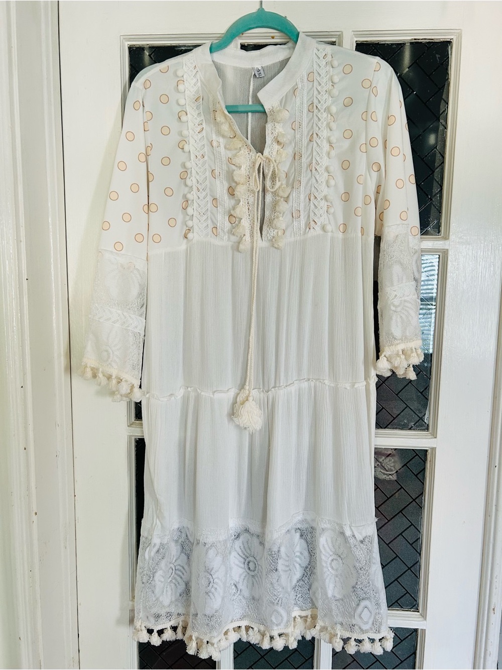 White Long Tiered Boho Dress Lace Polka Dots Romantic Cottagecore Size Small - Picture 14 of 14